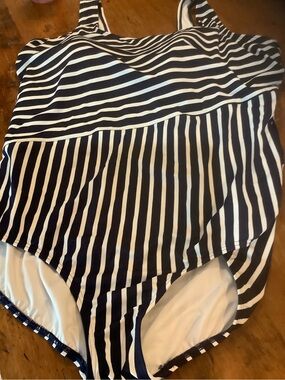 Lands' End Navy and White Striped One-Piece Swimwear